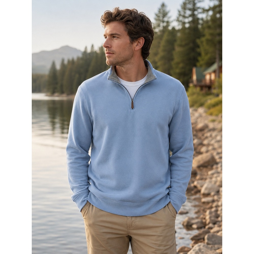 Lands End Mens XL Light Blue Cotton Quarter Zip Mock Neck Pullover Sweatshirt